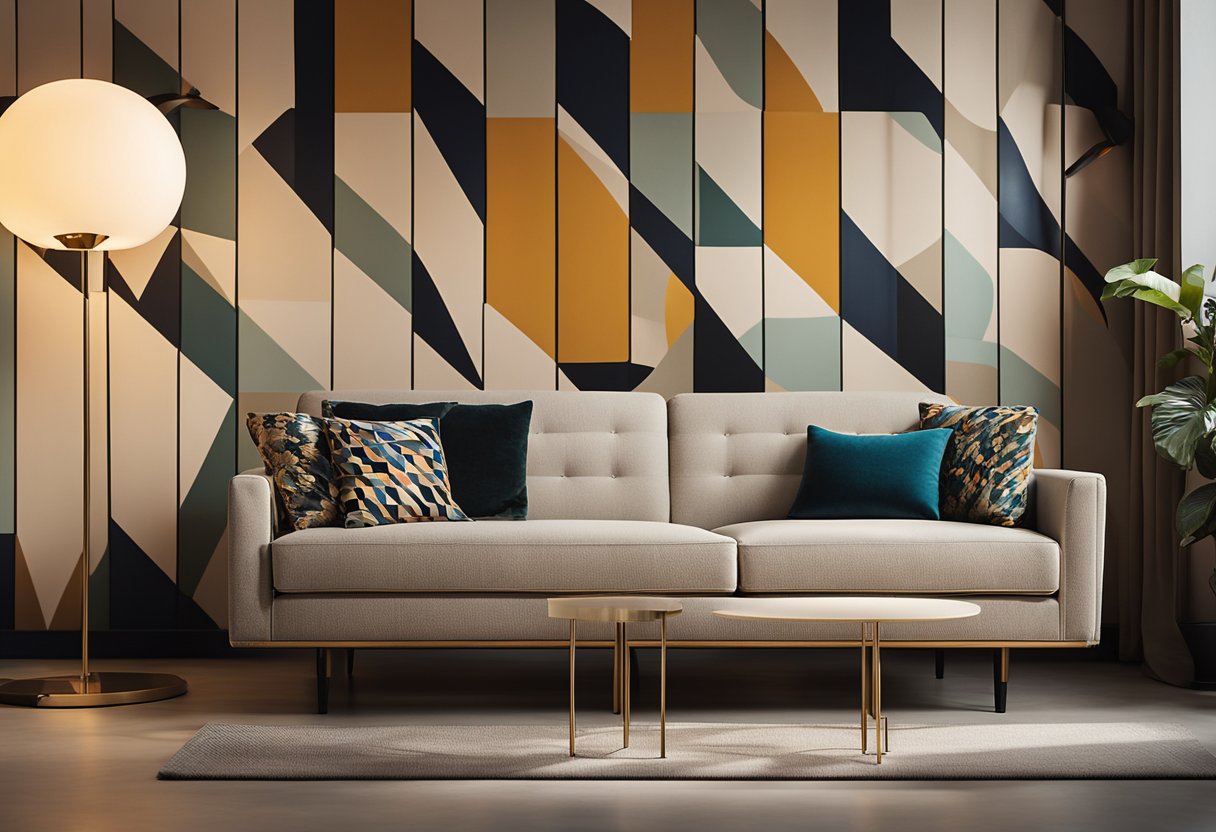 A sleek sofa sits against a geometric patterned wall, adorned with a vintage record player and a cluster of abstract art. A retro floor lamp casts a warm glow over the room's chic, minimalist decor