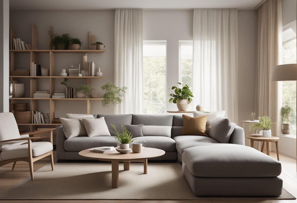 A serene living room with minimal furniture, natural materials, and neutral colors. Soft lighting and a sense of calmness permeate the space, creating a cozy and inviting atmosphere