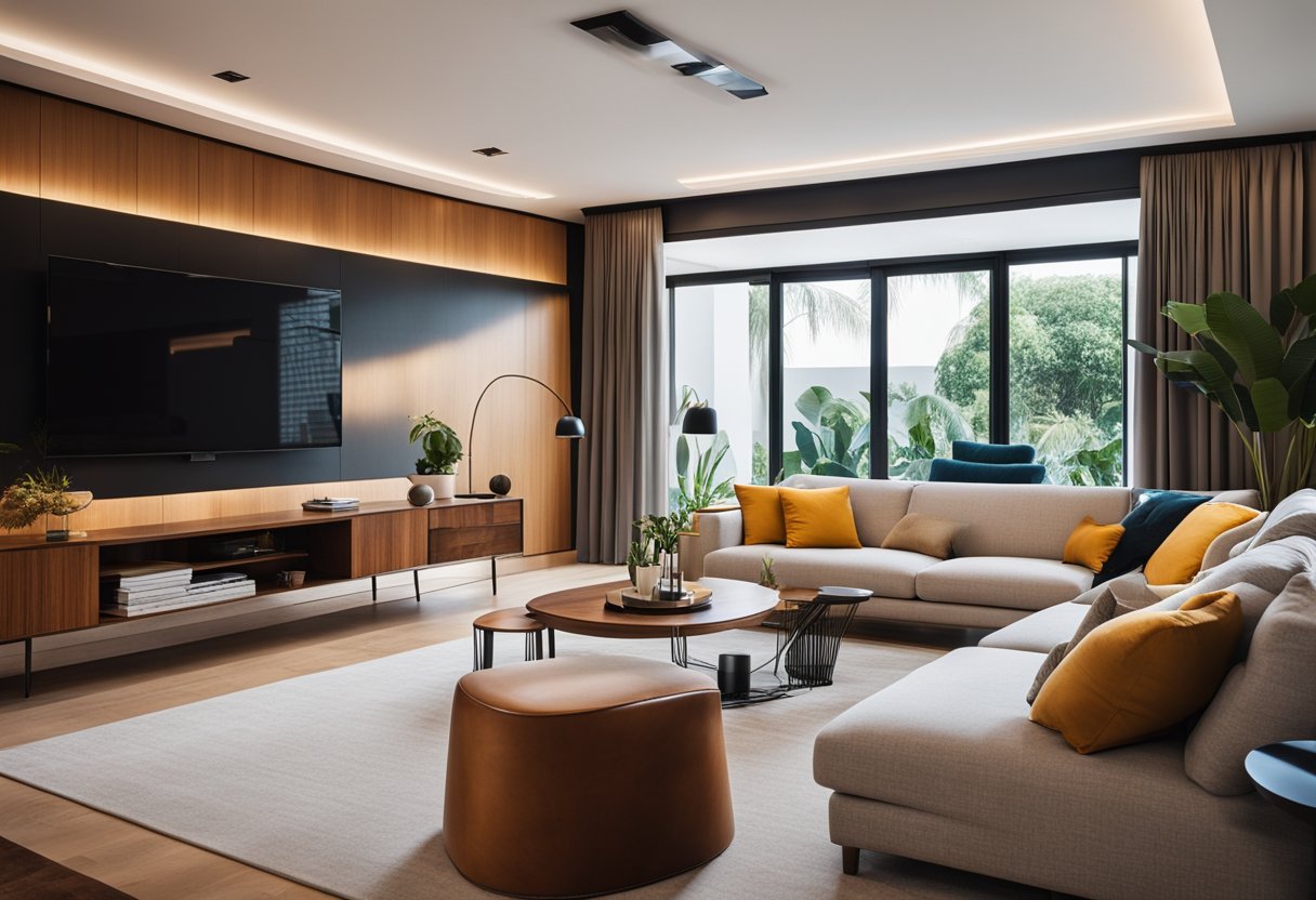 A living room with clean lines, organic shapes, and bold colors. A sleek sofa, teak furniture, and a statement lighting fixture