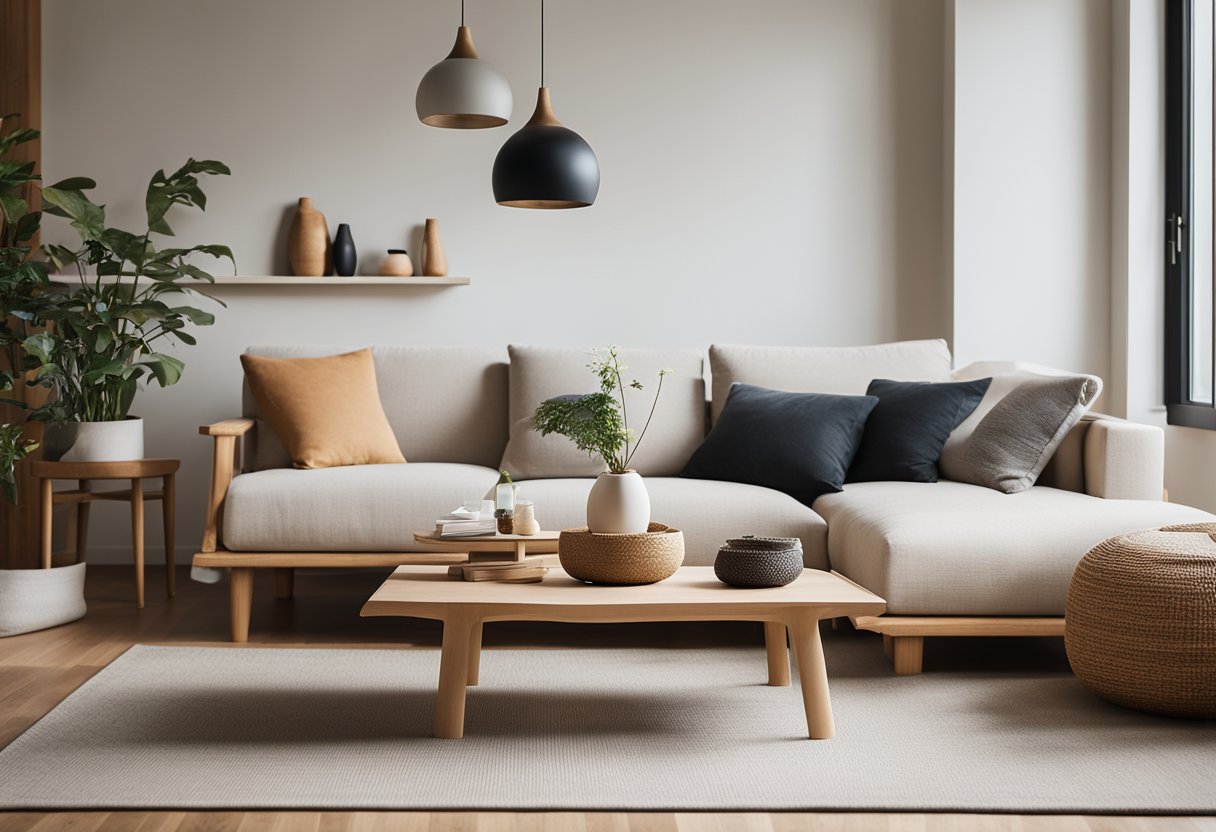 A cozy living room with Japanese and Scandinavian furniture blending seamlessly, featuring natural materials, minimalist decor, and a harmonious color palette