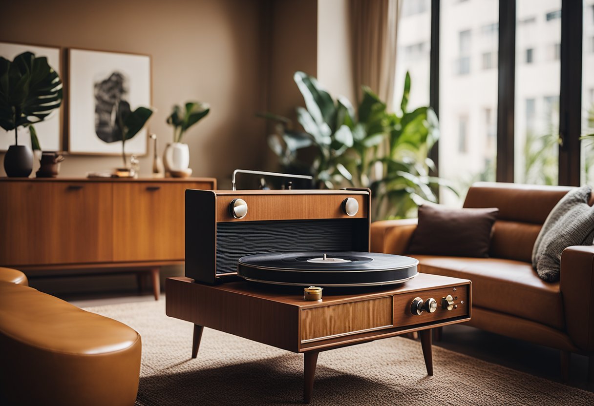 A vintage record player sits on a teak sideboard, surrounded by Eames chairs and a sleek, low-profile sofa. The room is filled with warm, earthy tones and geometric patterns, capturing the essence of mid-century interior design