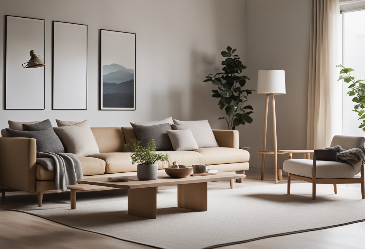 A minimalist living room with clean lines, natural materials, and a neutral color palette. Japanese and Scandinavian elements blend seamlessly, creating a serene and harmonious space