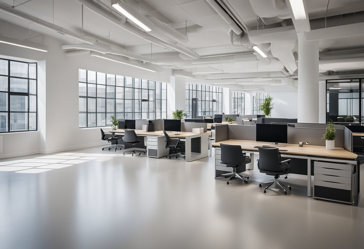 A modern, minimalist office space with sleek furniture, clean lines, and a neutral color palette. Large windows allow natural light to flood the room, creating a bright and airy atmosphere