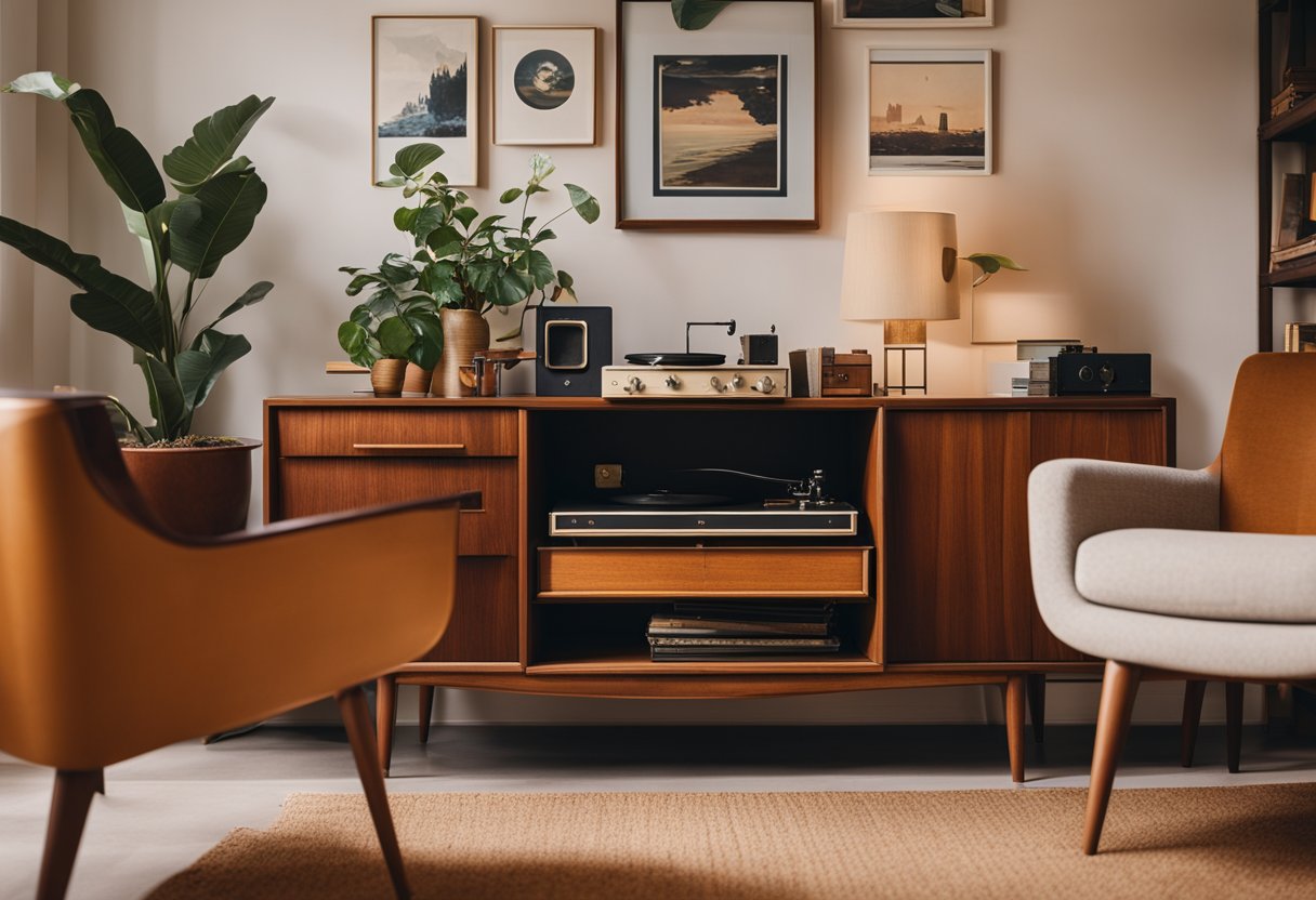 A cozy living room with vintage furniture, warm wood tones, and retro decor. A record player sits on a mid-century sideboard, surrounded by classic books and art pieces