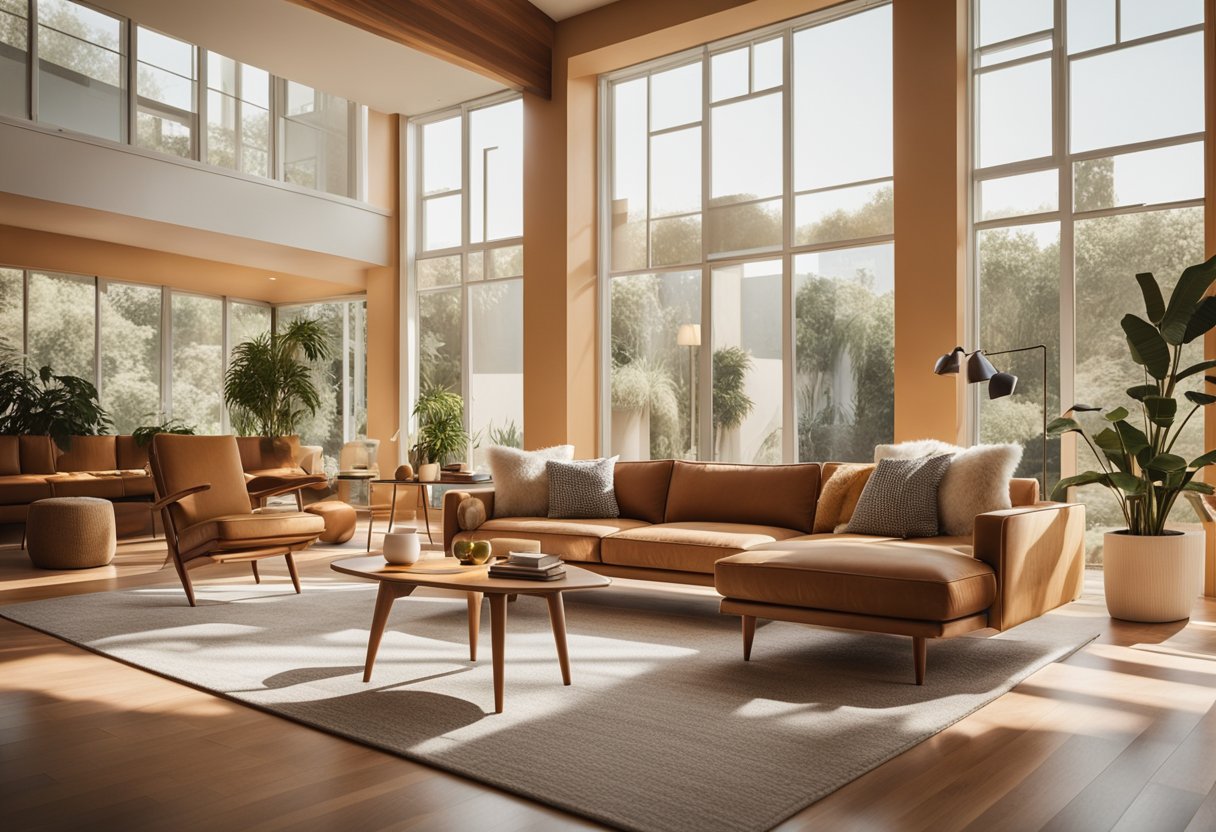 A sunlit living room with clean lines, organic shapes, and minimalist furniture in a mid-century modern style. Wood accents, retro patterns, and a warm color palette create a cozy yet sleek atmosphere