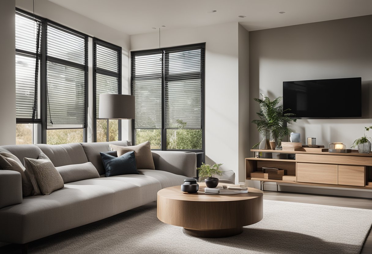 A modern, minimalist living room with sleek furniture, a neutral color palette, and large windows letting in natural light