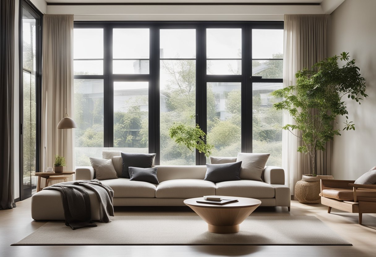 A spacious living room with minimalistic furniture, natural materials, and a neutral color palette. Large windows let in natural light, showcasing a blend of Japanese and Scandinavian design elements