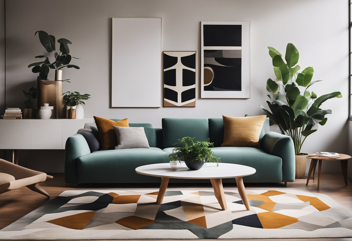A sleek, minimalist living room with clean lines, organic shapes, and a mix of natural and vibrant colors. A statement piece of furniture, like a bold geometric rug or a sculptural chair, adds interest to the space