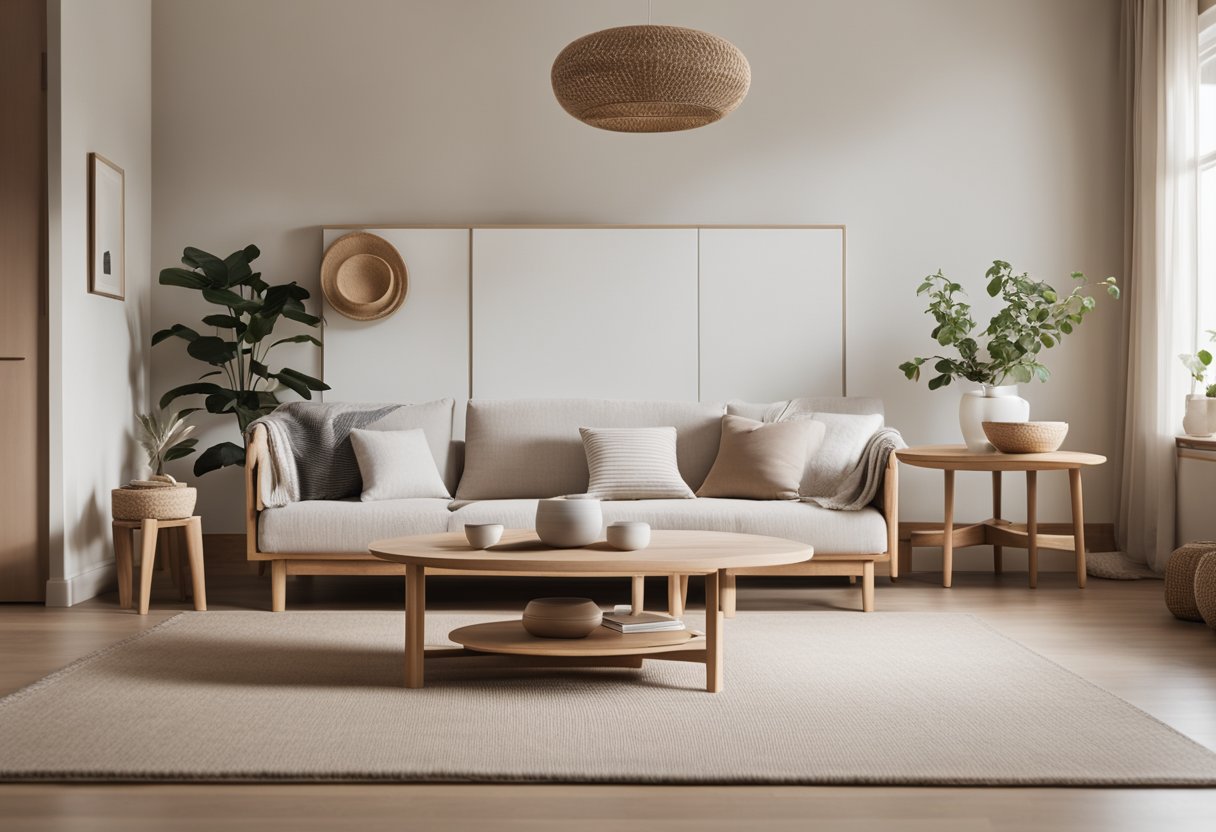 A serene living room with clean lines, natural materials, and a neutral color palette. Minimalist furniture and cozy textiles create a harmonious blend of Japanese and Scandinavian design elements