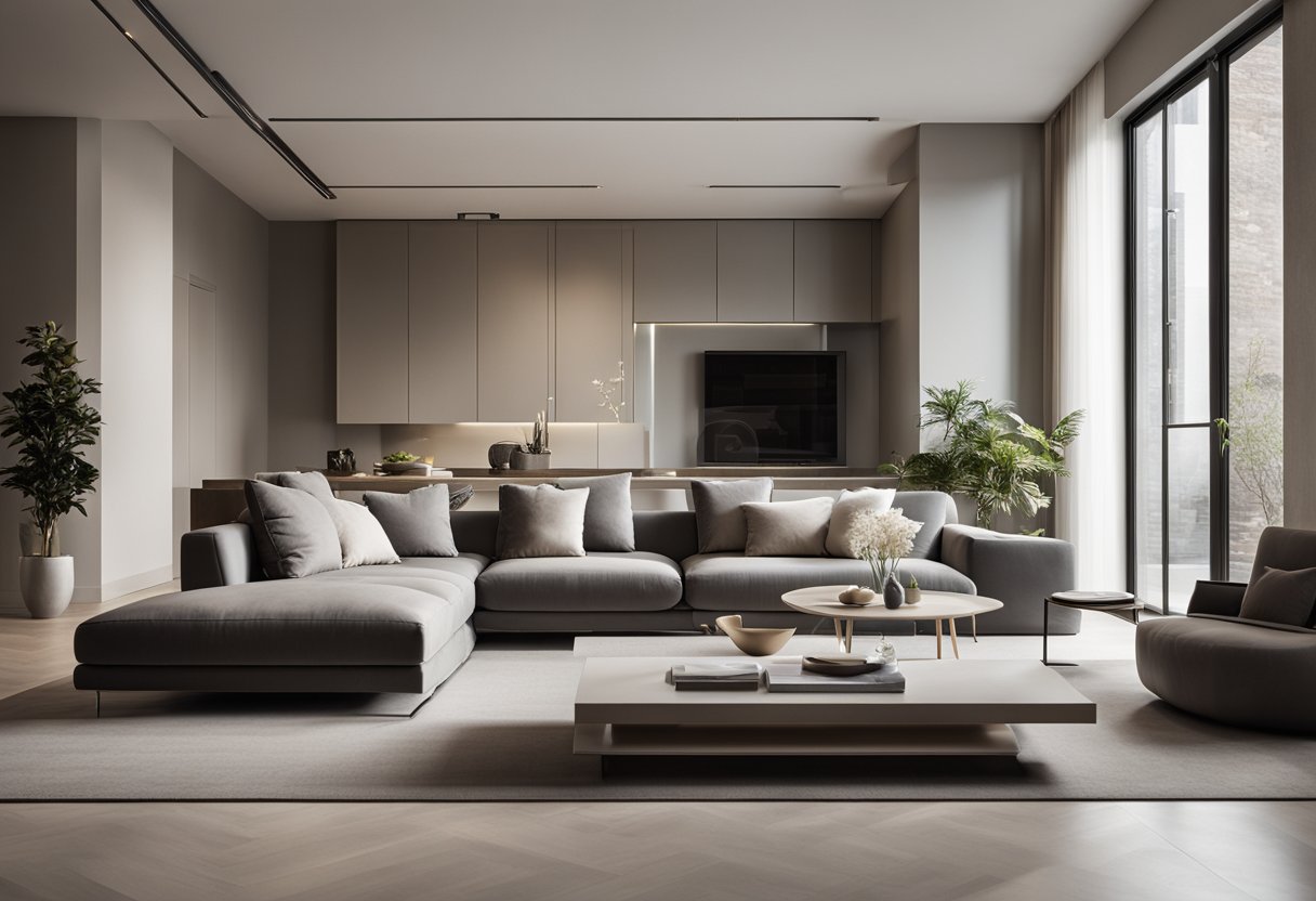 A modern, sleek interior with clean lines and minimalist furniture. Neutral colors and soft lighting create a serene atmosphere. A statement piece, such as a large artwork or sculpture, adds an artistic touch