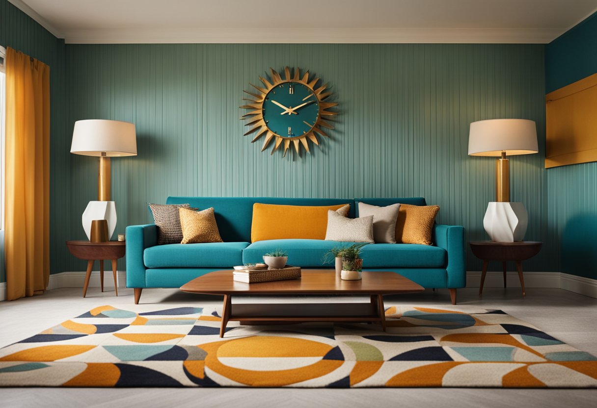 A mid-century living room with sleek furniture, geometric patterns, and bold colors. A sunburst clock hangs on the wall, and a shag rug covers the floor