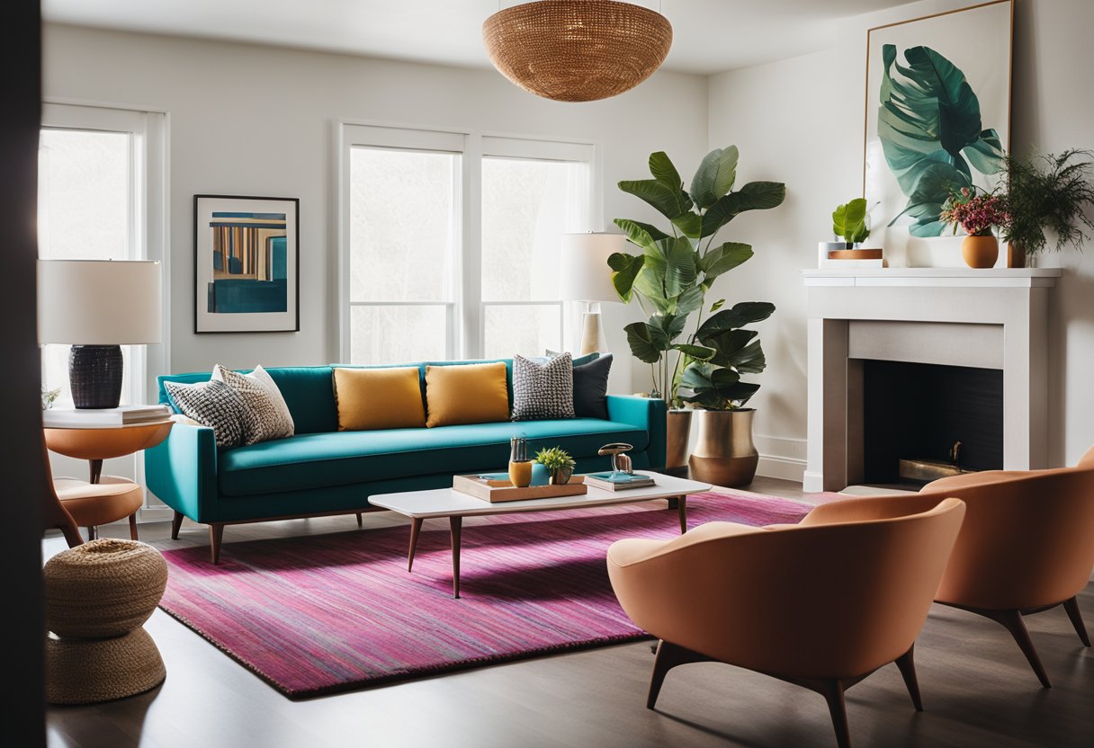 A mid century modern living room with clean lines, sleek furniture, and a pop of vibrant color. A statement piece, like a bold geometric rug or a unique lighting fixture, adds interest to the space