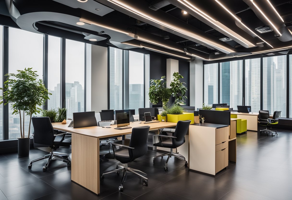 A modern office space with sleek furniture and a vibrant color scheme, featuring a logo and contact information for "Chengyi Interior Design."