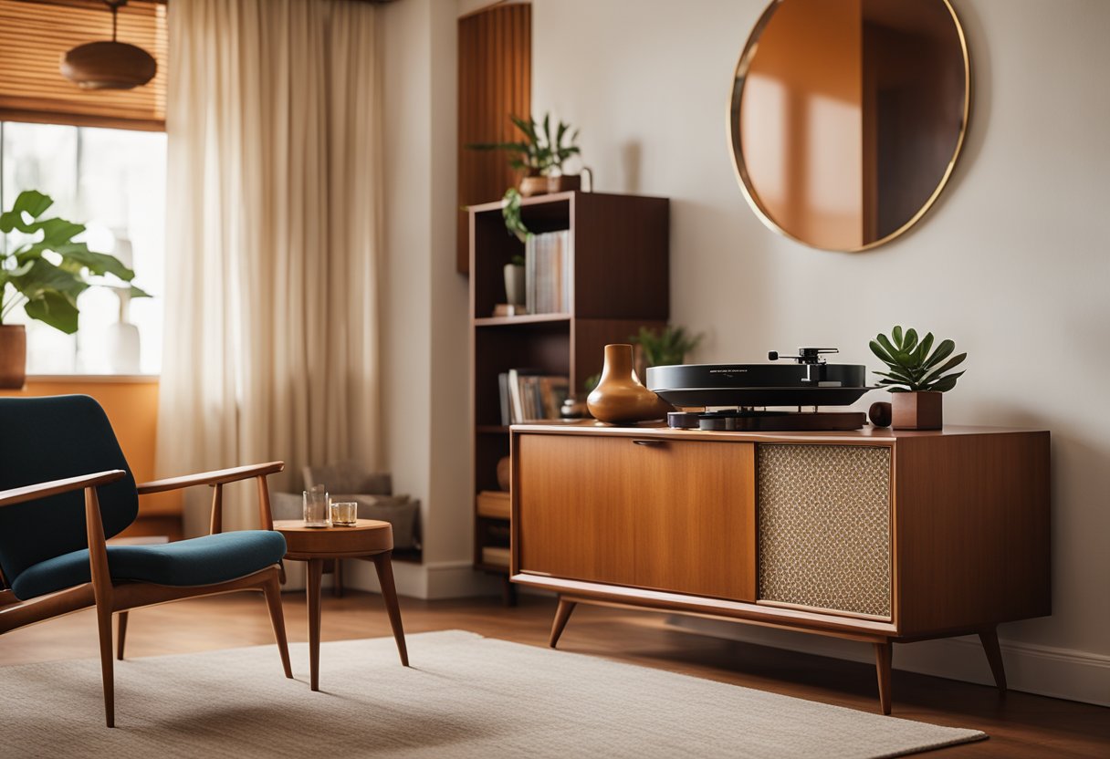 A cozy mid-century living room with sleek furniture, geometric patterns, and warm earthy tones. A retro record player sits on a vintage sideboard, while a statement light fixture hangs from the ceiling