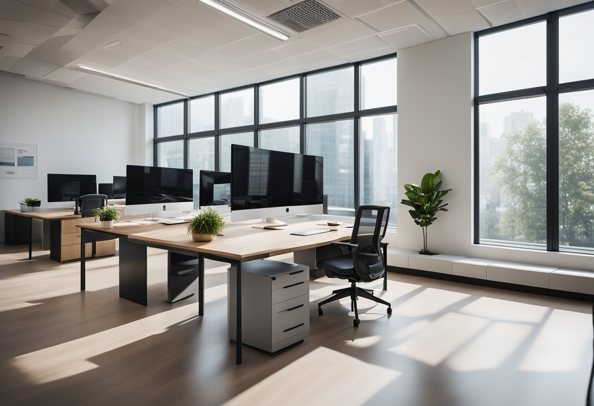 A modern, minimalist office space with sleek furniture, clean lines, and a pop of color. Large windows let in natural light, creating a bright and inviting atmosphere