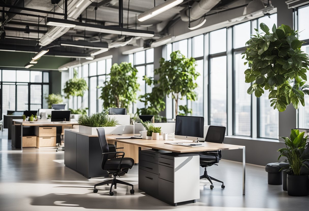A modern office space with sleek furniture, plants, and natural lighting. A wall displays the company's frequently asked questions in a clear and organized manner
