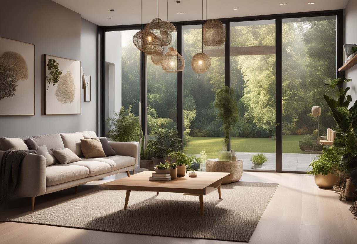 A cozy living room with modern furniture, warm lighting, and vibrant decor. A large window overlooks a lush garden, creating a serene atmosphere