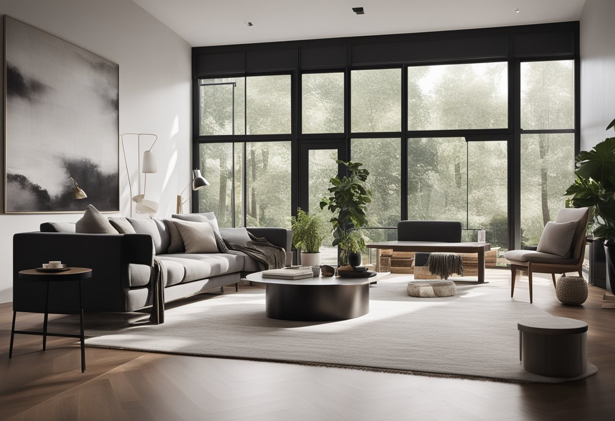 A modern living room with sleek furniture, minimalist decor, and large windows allowing natural light to illuminate the space