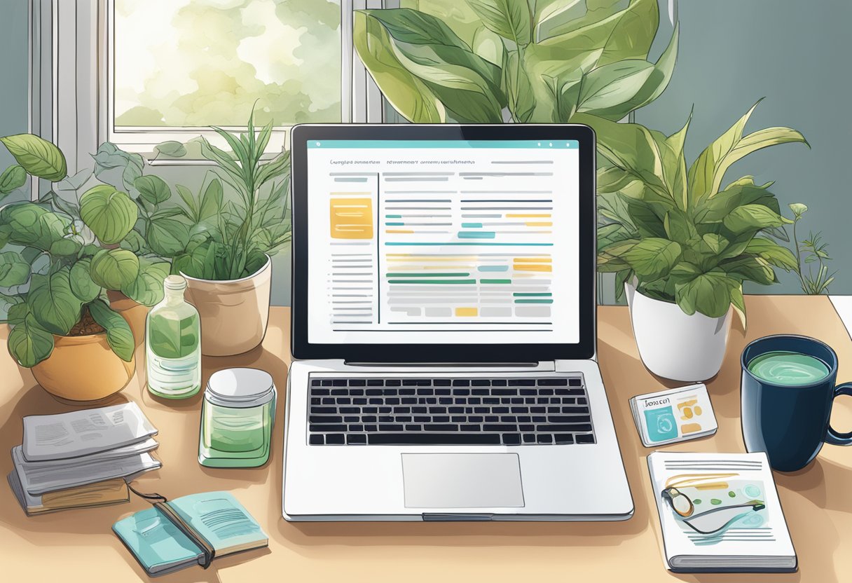 A table with various supplements, a laptop displaying biohacking websites, and a book titled "Cognitive Enhancement Strategies" surrounded by plants and natural light