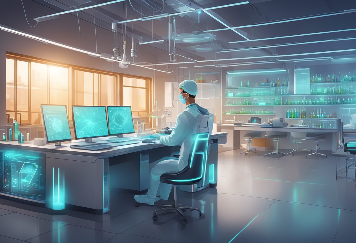 A lab setting with futuristic equipment and glowing biohacking tools. Visualize a sleek, modern environment with a focus on cutting-edge technology for health and longevity