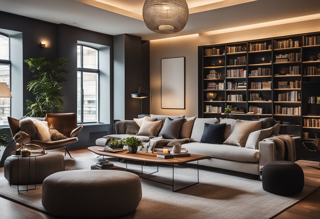 A cozy living room with modern furniture and warm lighting, featuring a bookshelf filled with design books and a comfortable seating area