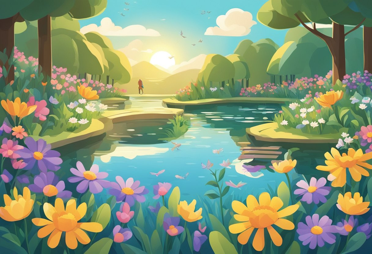 Colorful flowers bloom around a tranquil pond, with a bright sun shining overhead. A butterfly flutters nearby, while a gentle breeze carries uplifting quotes written on fluttering banners
