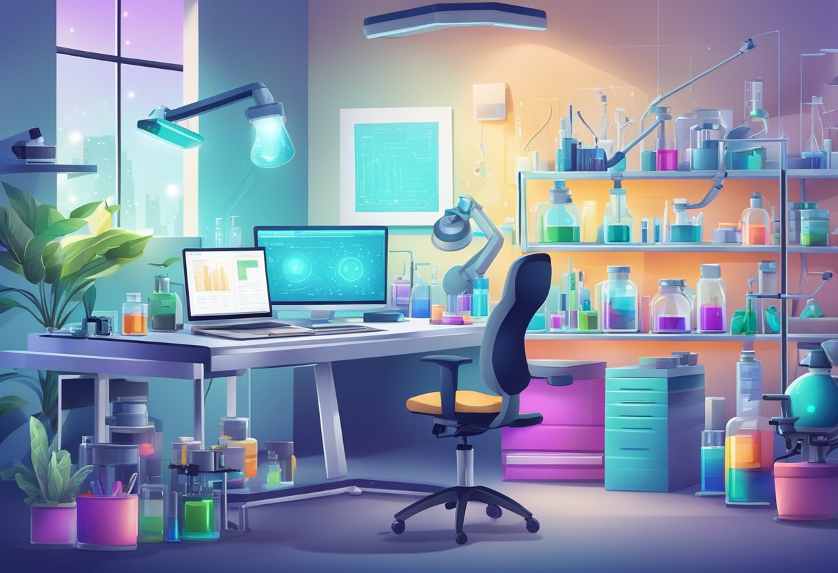 A lab table with various biohacking tools and equipment, including microscopes, test tubes, and electronic devices. Bright lighting and a clean, organized workspace