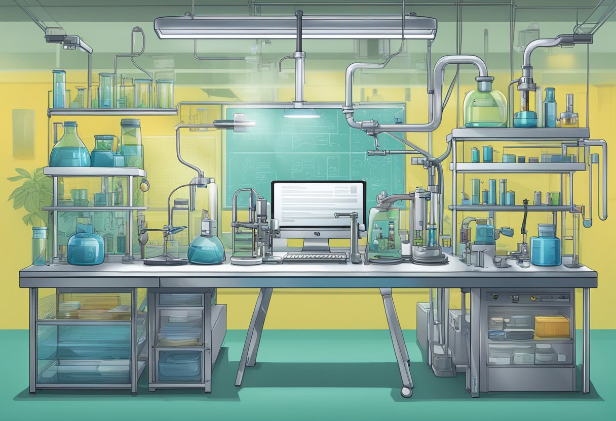 A lab table with biohacking equipment, safety goggles, and ethical guidelines poster