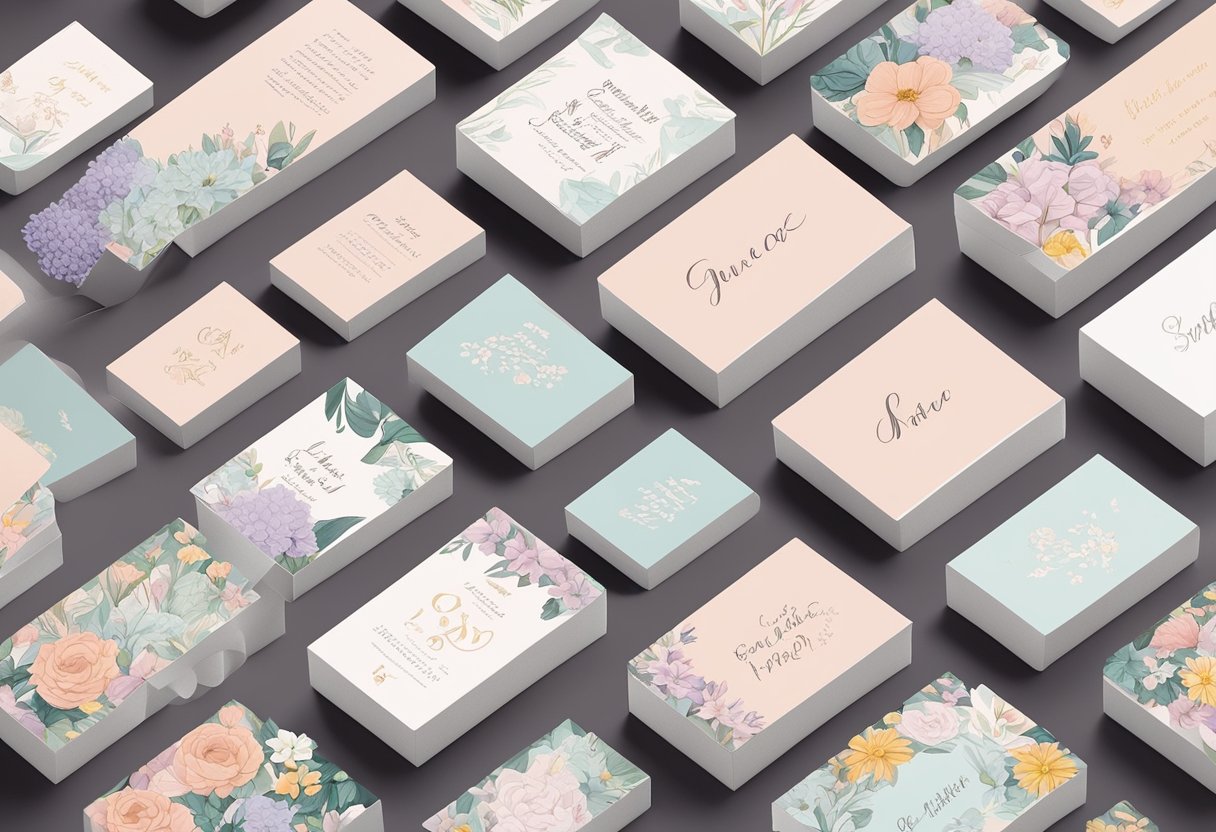 A stack of quote cards arranged in a neat row, with elegant calligraphy and feminine designs, surrounded by delicate flowers and soft lighting