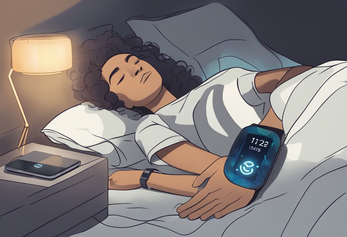 A person lying in bed with a wearable sleep tracker on their wrist, surrounded by a darkened room with soft lighting