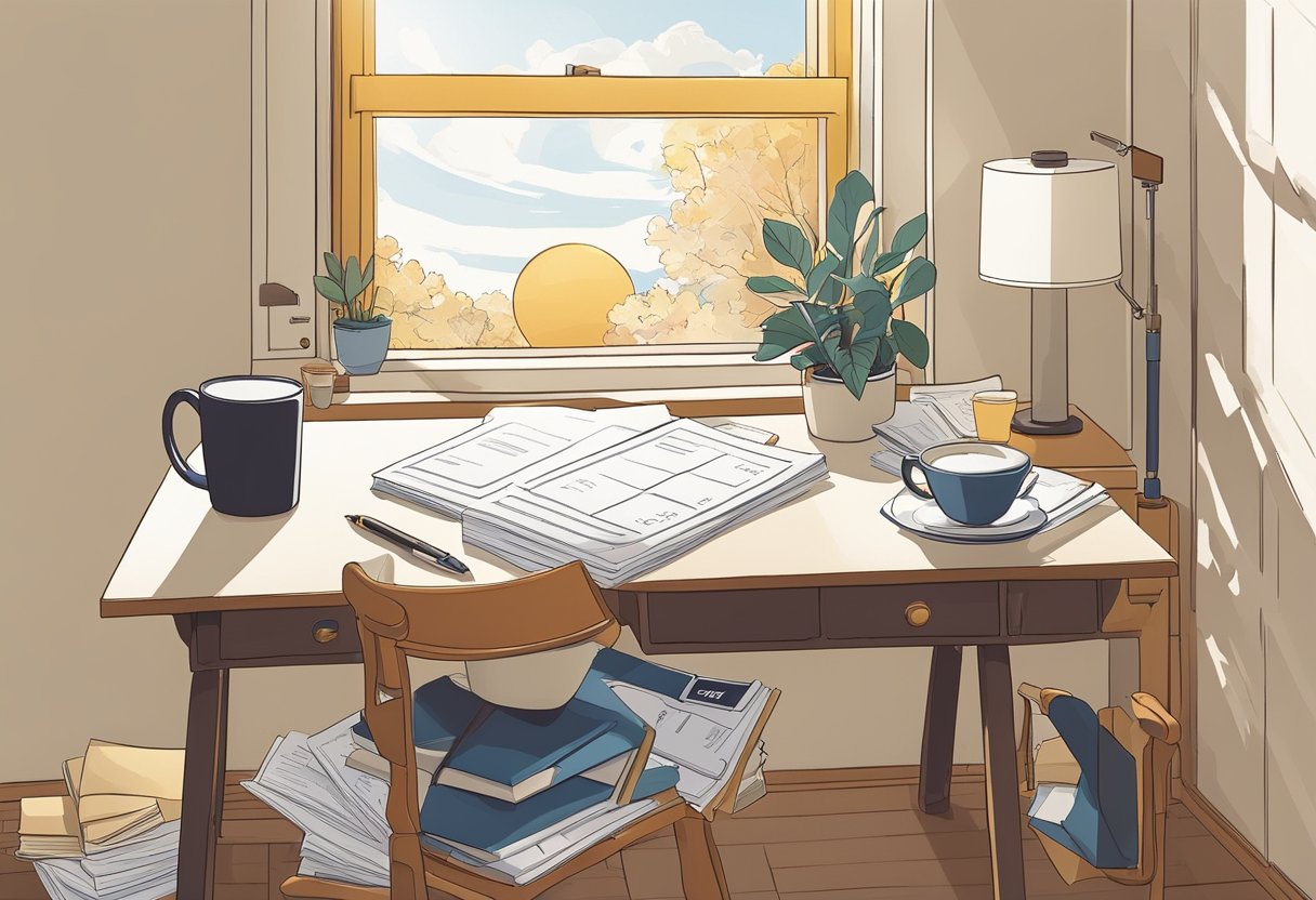A desk with scattered papers, a pen, and a calendar open to November 9th. A cup of coffee sits nearby. Sunlight filters through a window onto the scene