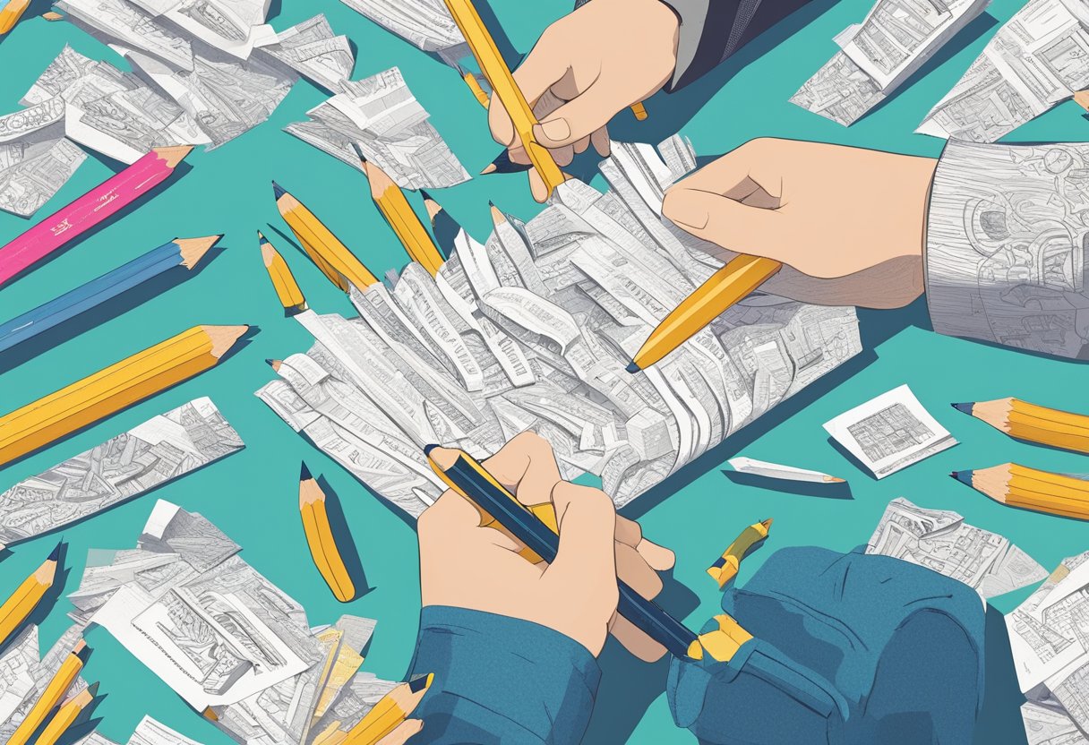 A hand holding a pencil, surrounded by scattered paper with various quotes written on them