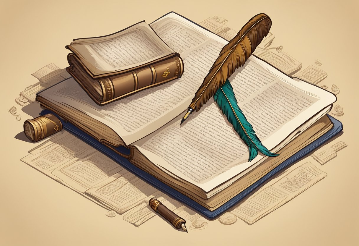 A quill pen rests on a parchment, surrounded by ancient books and scrolls. A quote from a famous historical figure adorns the page, symbolizing the enduring influence of words