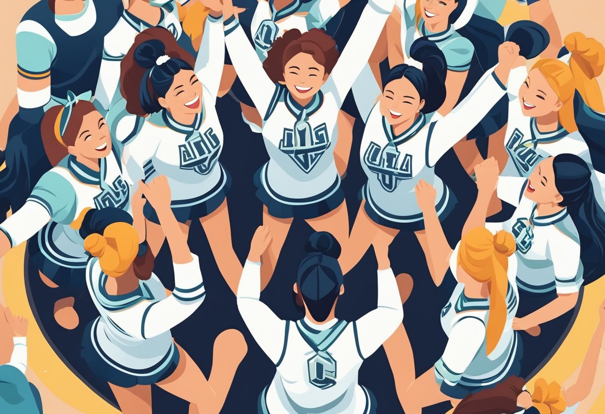 A group of cheerleaders stand in a circle, arms raised in unity, with big smiles and confident expressions as they chant motivational quotes