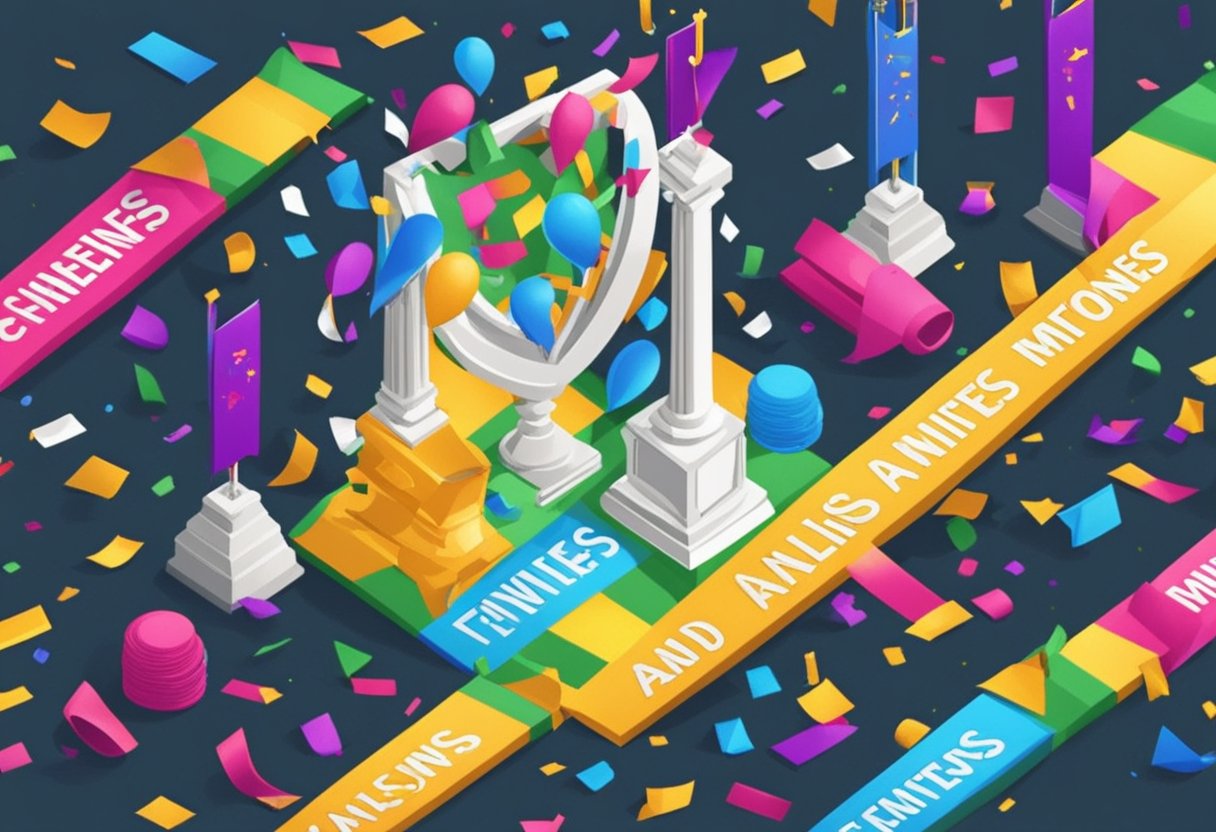 Colorful confetti falls around a trophy and a finish line ribbon, with a banner reading "Achievements and Milestones" in bold, celebratory letters