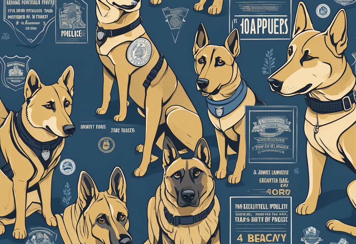 A police K9 standing proudly with a determined expression, surrounded by a collection of powerful and inspiring quotes about the bravery and loyalty of police dogs