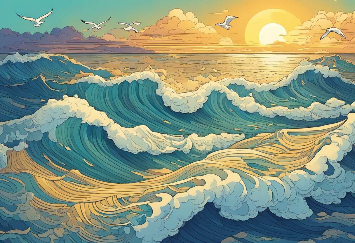 A serene ocean with waves crashing against the shore, seagulls soaring in the sky, and a beautiful sunset casting a golden glow over the water