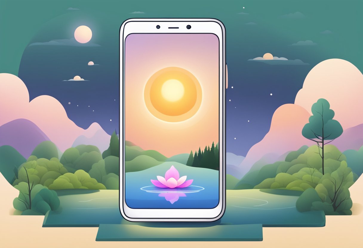 A smartphone with a meditation app open, surrounded by serene nature and peaceful surroundings
