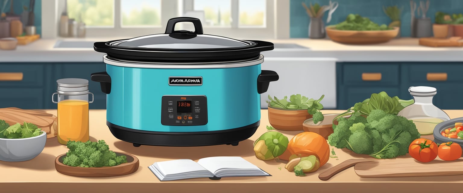 A slow cooker sits on a kitchen counter, surrounded by prepped ingredients and a recipe book. The aroma of a delicious, time-saving meal fills the air