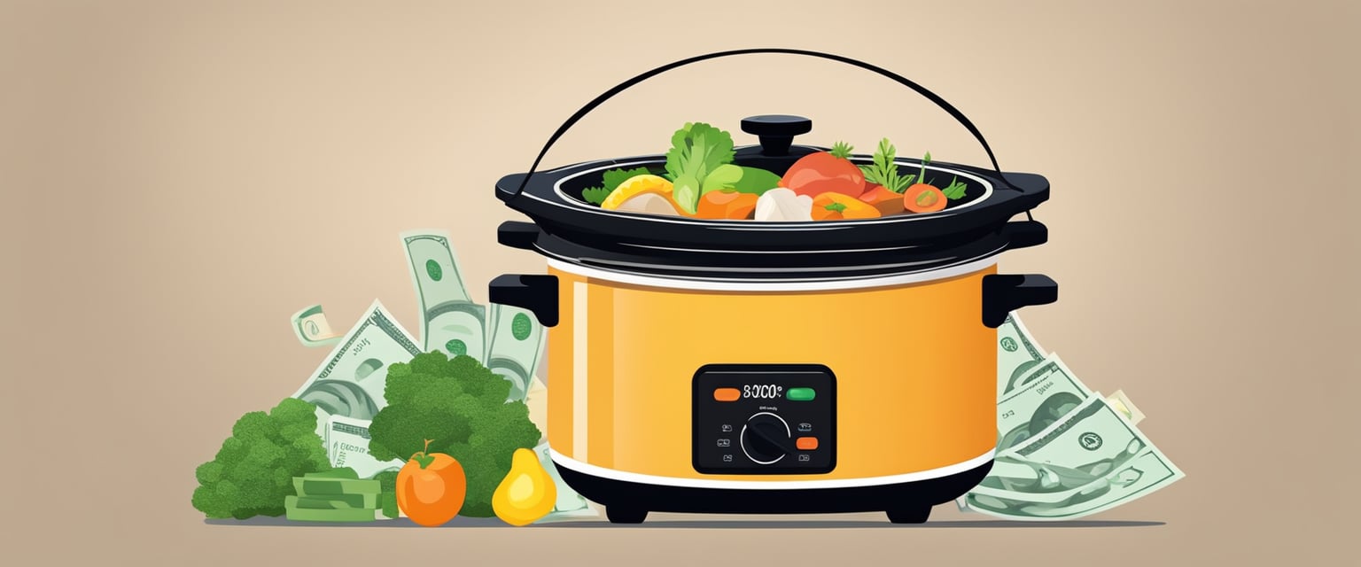 A slow cooker surrounded by fresh, colorful ingredients, with a stack of money and a chart showing cost savings in the background
