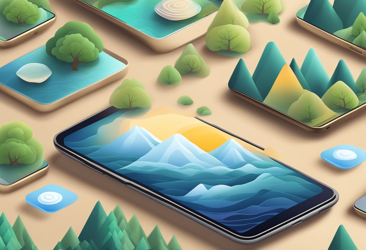 A serene mobile phone displaying various meditation app icons, surrounded by calming nature elements like trees, water, and mountains