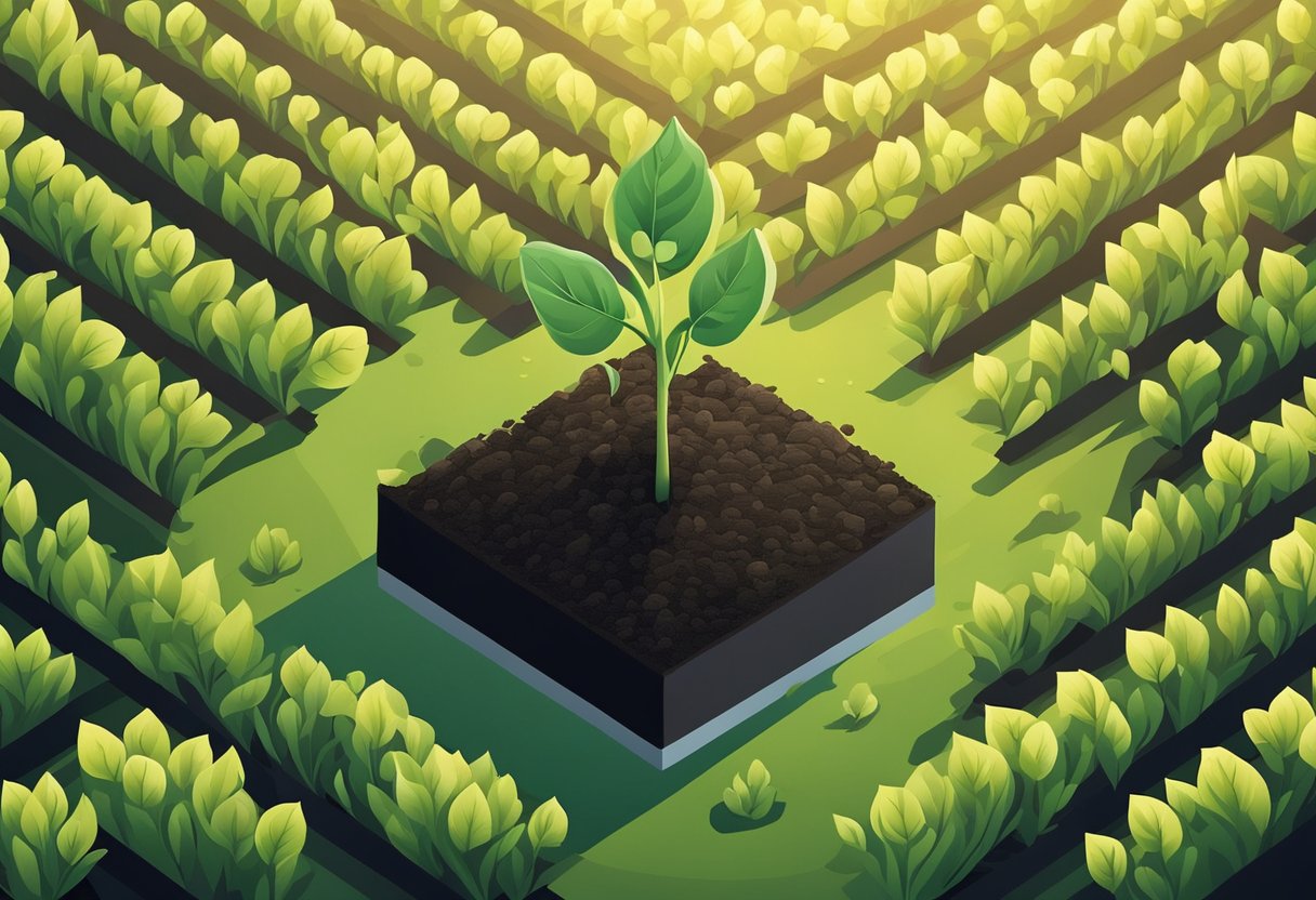 A small seedling emerges from the dark soil, reaching towards the warm sunlight. Surrounding it, other plants and trees stand tall and strong, symbolizing growth and maturity