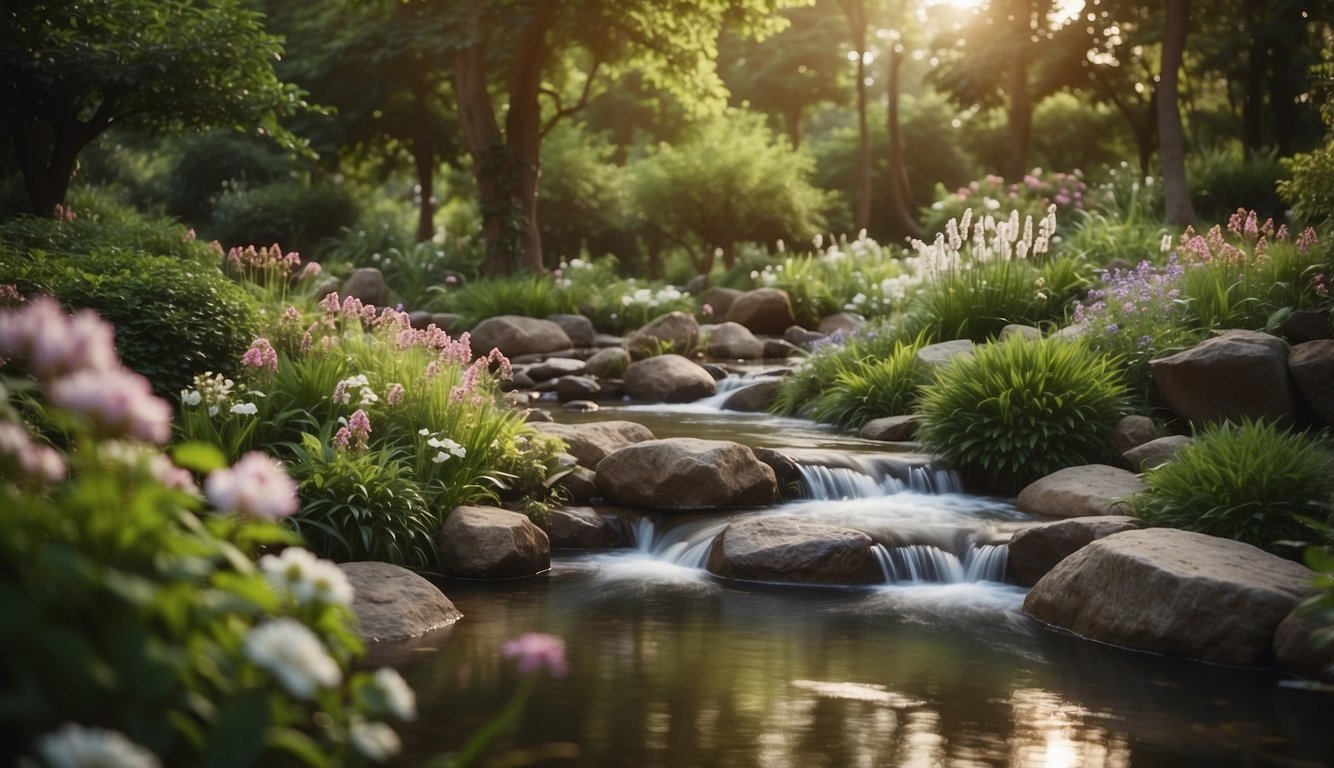 A serene garden with a flowing stream, surrounded by lush greenery and blooming flowers, evoking a sense of tranquility and harmony