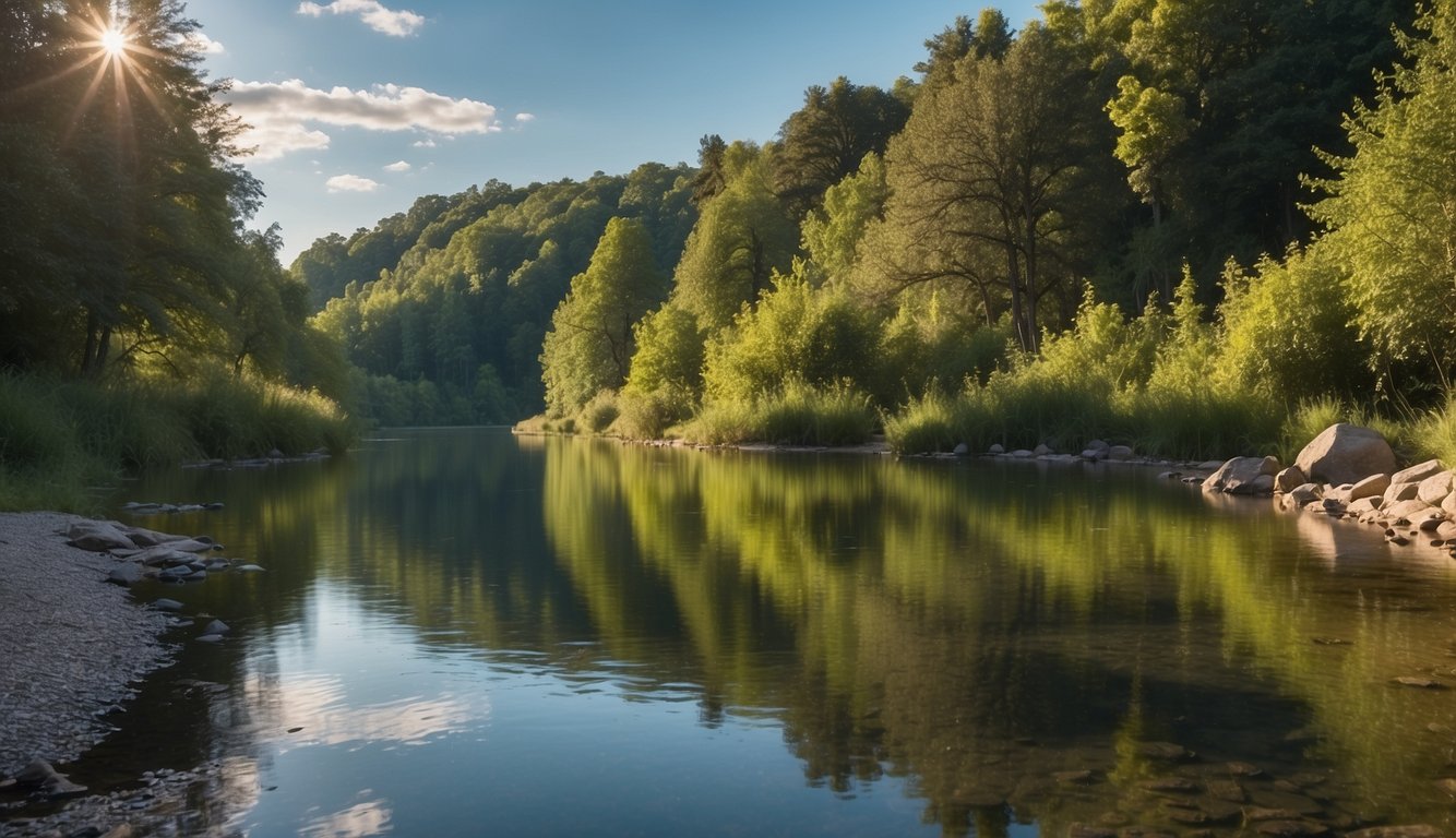 A serene landscape with a calm, flowing river, surrounded by lush greenery and a clear blue sky, evoking a sense of inner peace and tranquility