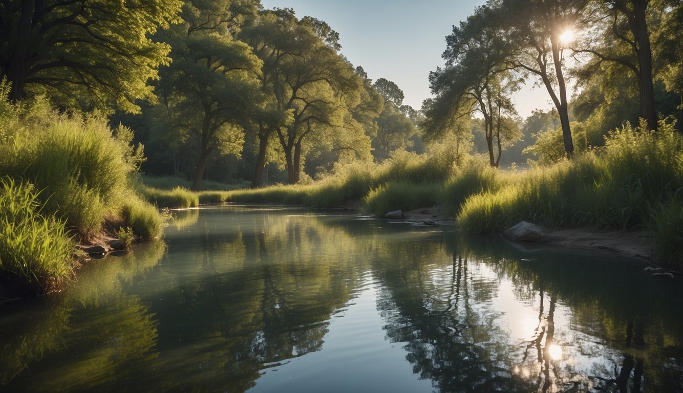 A serene landscape with a tranquil river, lush greenery, and a clear blue sky, depicting the peacefulness and balance of yoga