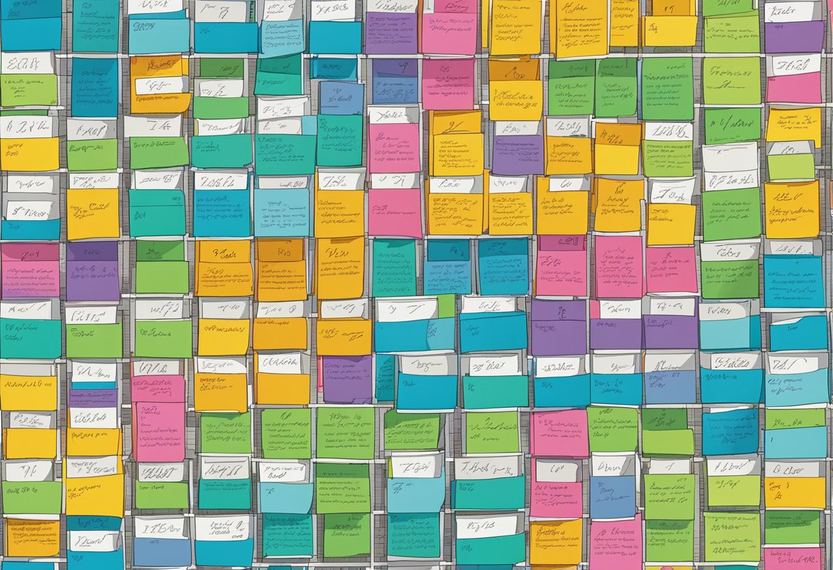 A bulletin board filled with colorful, handwritten senior quotes, arranged in a grid pattern with numbers 76-100 clearly visible