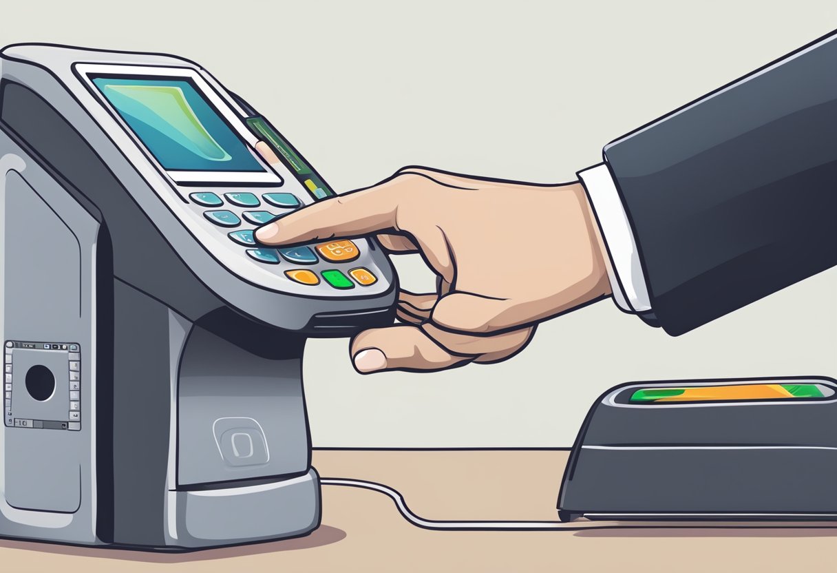A hand reaches out to touch a smart ring to a payment terminal, showcasing seamless contactless transactions