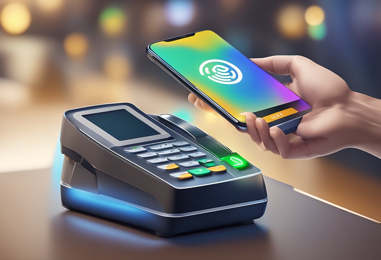 A smart ring hovering over a payment terminal, emitting a glowing signal for contactless transaction