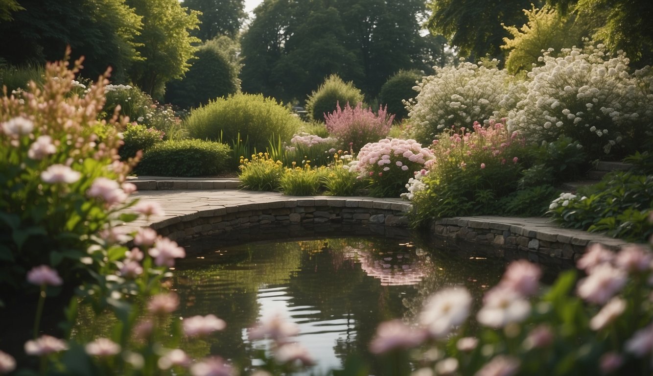 A serene garden with a peaceful pond surrounded by blooming flowers and lush greenery, with a gentle breeze rustling the leaves