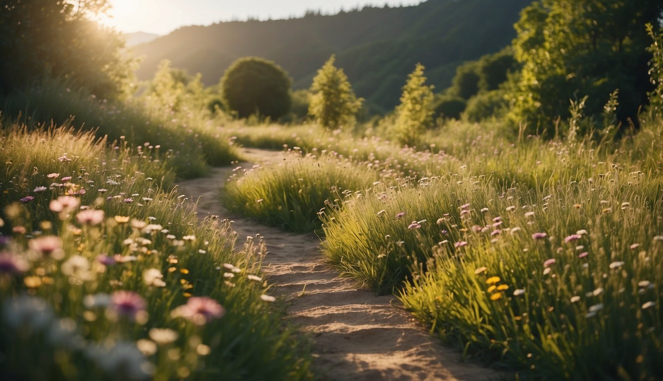 A serene, sunlit meadow with a winding path, surrounded by lush greenery and vibrant flowers. The scene exudes tranquility and invites a sense of inner peace and emotional wellness